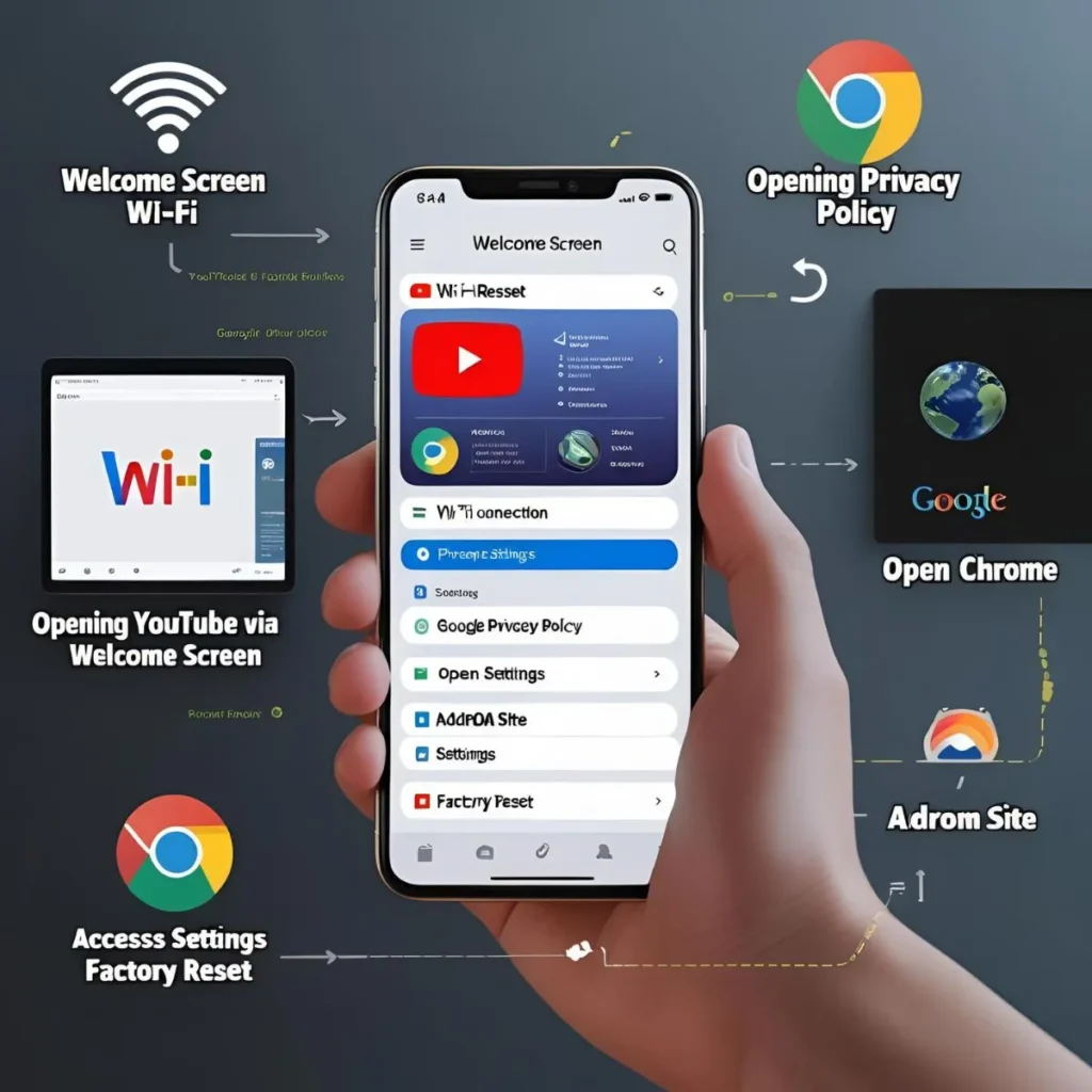 Redmi 13C FRP Bypass Made Easy for New Users 3 Step-by-step visual guide demonstrating the addROM website FRP bypass method on a Redmi 13C phone, from connecting Wi-Fi to resetting the device.