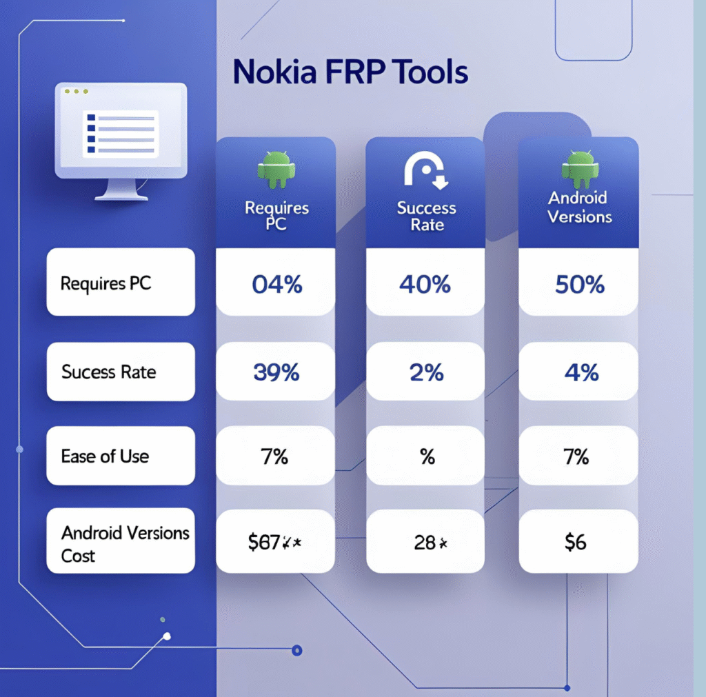 Nokia FRP Bypass Tool Effortless, Safe, Proven Way to Unlock in 2025 4 Comparison table of Nokia FRP bypass tools with features and success rates